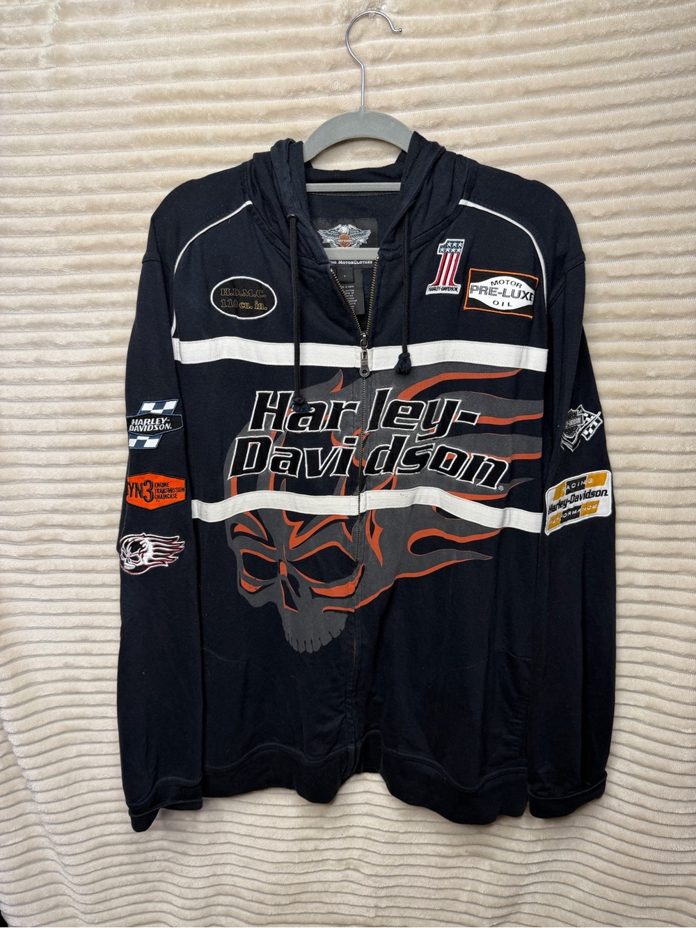 Harley-Davidson Black Hoodie with Orange and Gray Flame Skull